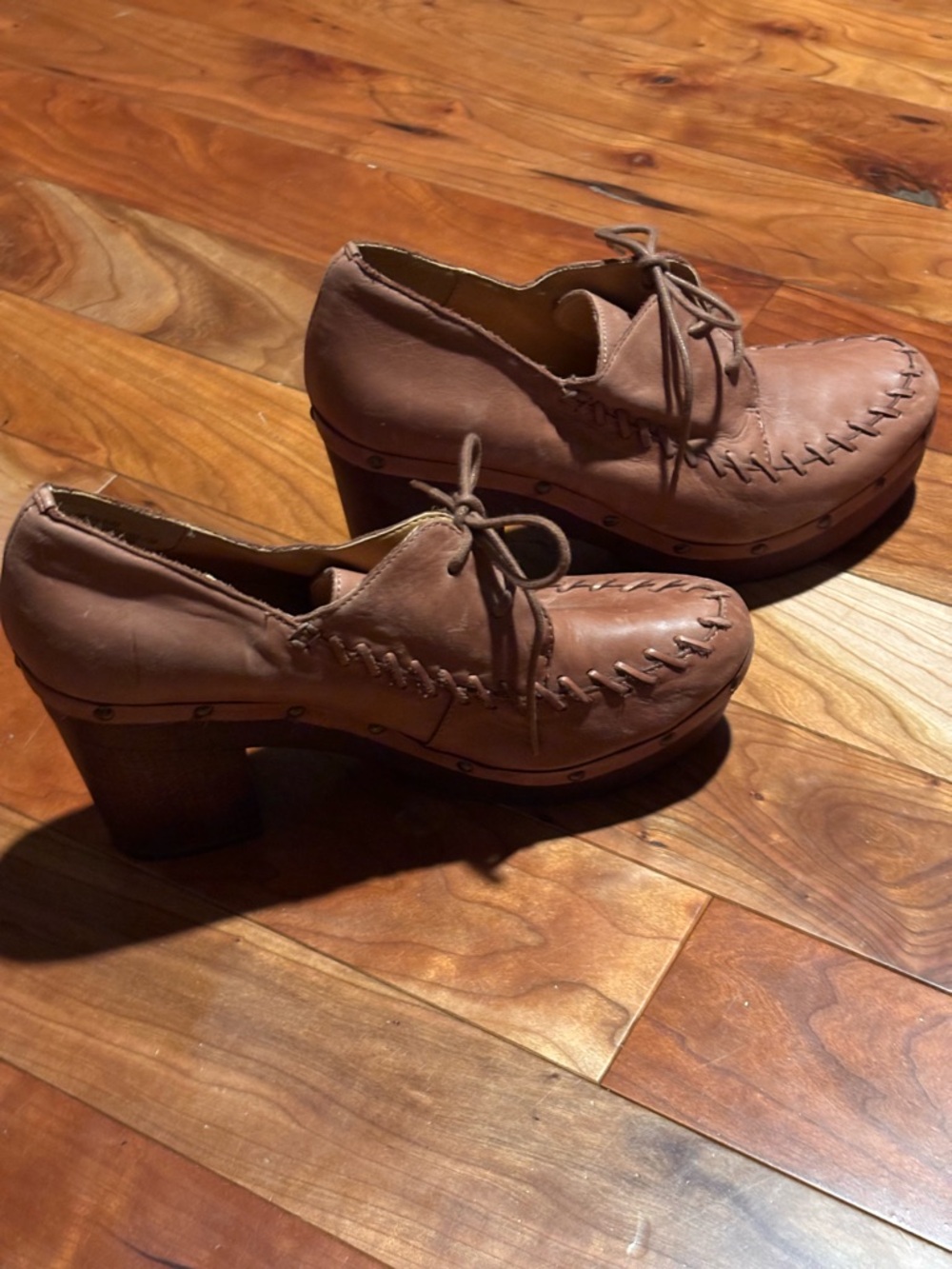 Anthropology Latigo Brown Leather Lace-Up Platform Block Heels - Picture 5 of 8